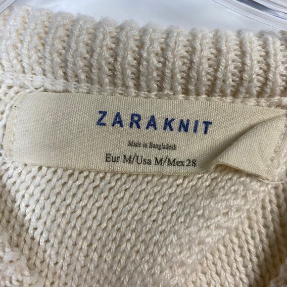 Zara Knit Cable Sweater Keyhole Back Ecru Size M - Picture 6 of 10